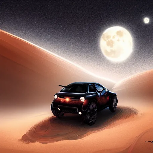 Prompt: someone driving at night with the moon in the sky, desert, concept art, fantasy, intricate, highly detailed, digital painting, elegant