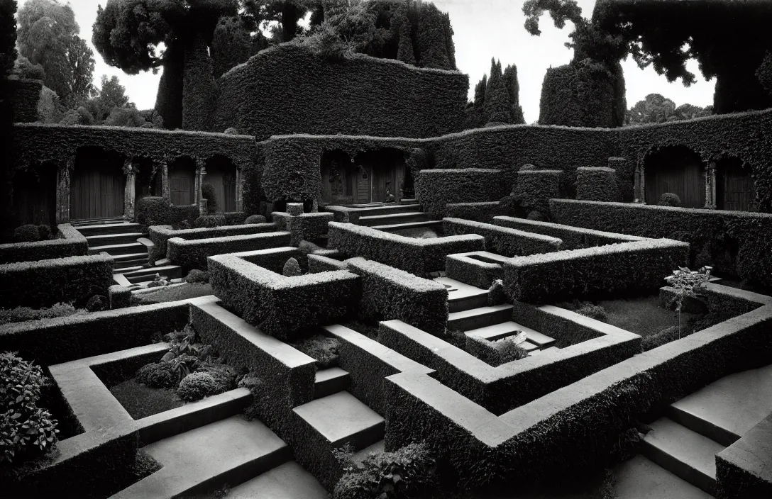 Image similar to garden idyll forms exist in three dimensions, with height, width, and depth. overgrown stone garden stars lingering above intact flawless ambrotype from 4 k criterion collection remastered cinematography gory horror film, ominous lighting, evil theme wow photo realistic postprocessing wet crime scene photograph by ansel adams