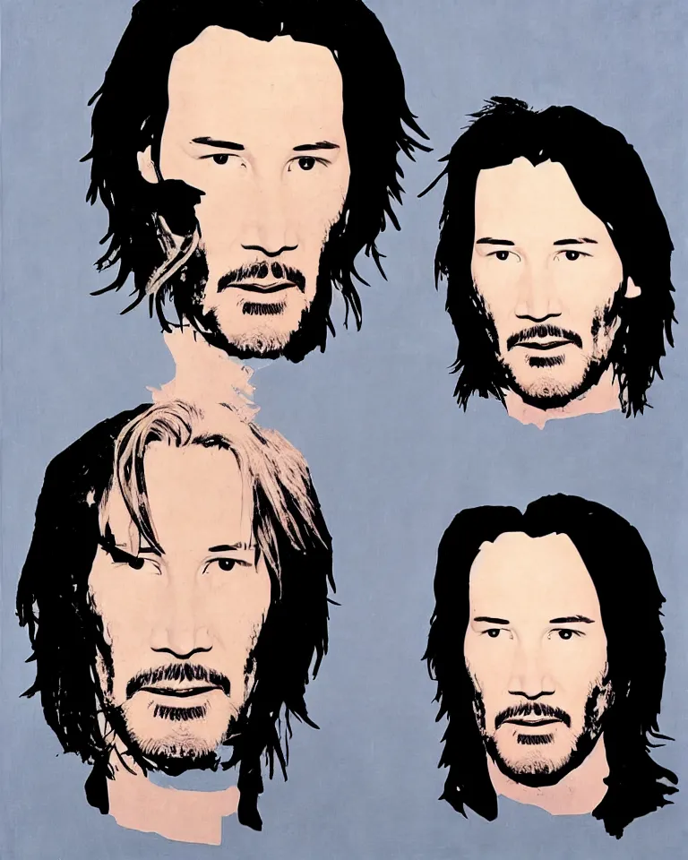 Image similar to keanu reeves caricature, painted by andy warhol