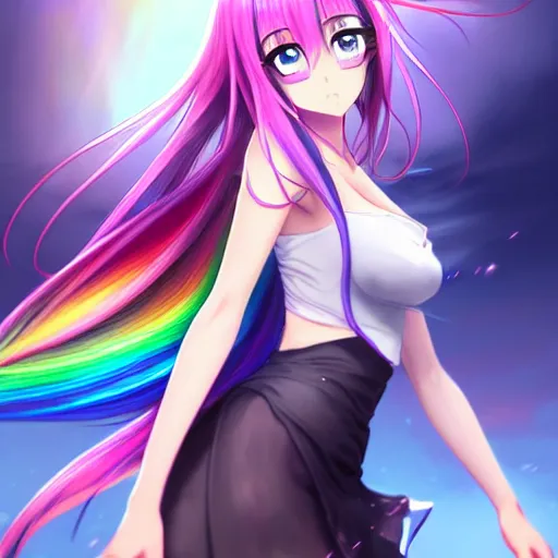 Prompt: advanced full body digital anime art, a very beautiful and gorgeous seductive anime female teacher full body, very long rainbow hair, colorful watery eyes, standing in class, full round face :: cinematic lighting, rim lighting, very highly intricately detailed, trending on pixiv :: Steven Artgerm Lau, WLOP, RossDraws, RuanJia, James Jean, Andrei Riabovitchev, Totorrl, Marc Simonetti, Visual Key, and Sakimichan