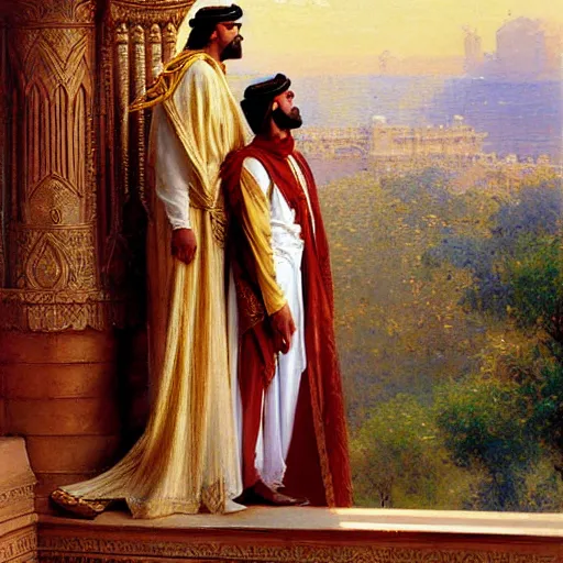 Image similar to attractive arab king confesses his love for his attractive male prince, in balcony of palace, above river. highly detailed painting by gaston bussiere, craig mullins, j. c. leyendecker