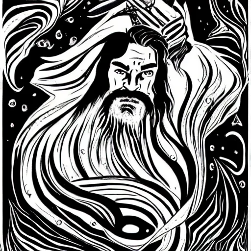 Prompt: black and white pen and ink!!!!!!! Twin Peaks Black Lodge goetic vampire handsome beard golden!!!! Vagabond!!!! floating magic swordsman!!!! glides through a beautiful!!!!!!! liquid magic floral crystal battlefield dramatic esoteric!!!!!! Long hair flowing dancing illustrated in high detail!!!!!!!! by Moebius and Hiroya Oku!!!!!!!!! graphic novel published on 2049 award winning!!!! full body portrait!!!!! action exposition manga panel black and white Shonen Jump issue by David Lynch eraserhead and beautiful line art Hirohiko Araki!! Rossetti, Millais, Mucha, Jojo's Bizzare Adventure