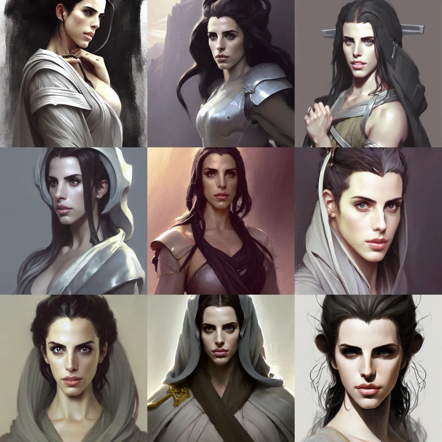 Prompt: character concept portrait, centralized, sneering jessica lowndes as a dnd cleric in silver chiton, style digital painting, concept art, smooth, sharp focus, illustration, from metal gear, by ruan jia and mandy jurgens and william - adolphe bouguereau, artgerm