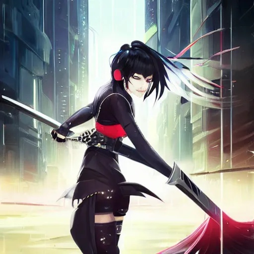 Image similar to advanced digital anime art, cyberpunk girl with silver and red eyes with long black hair wielding a katana , painted by RossDraws in the style of Makoto Shinkai, very high detail, medium sensor , Gaussian blur, f/15 , 35mm —W 1920 —H 1080