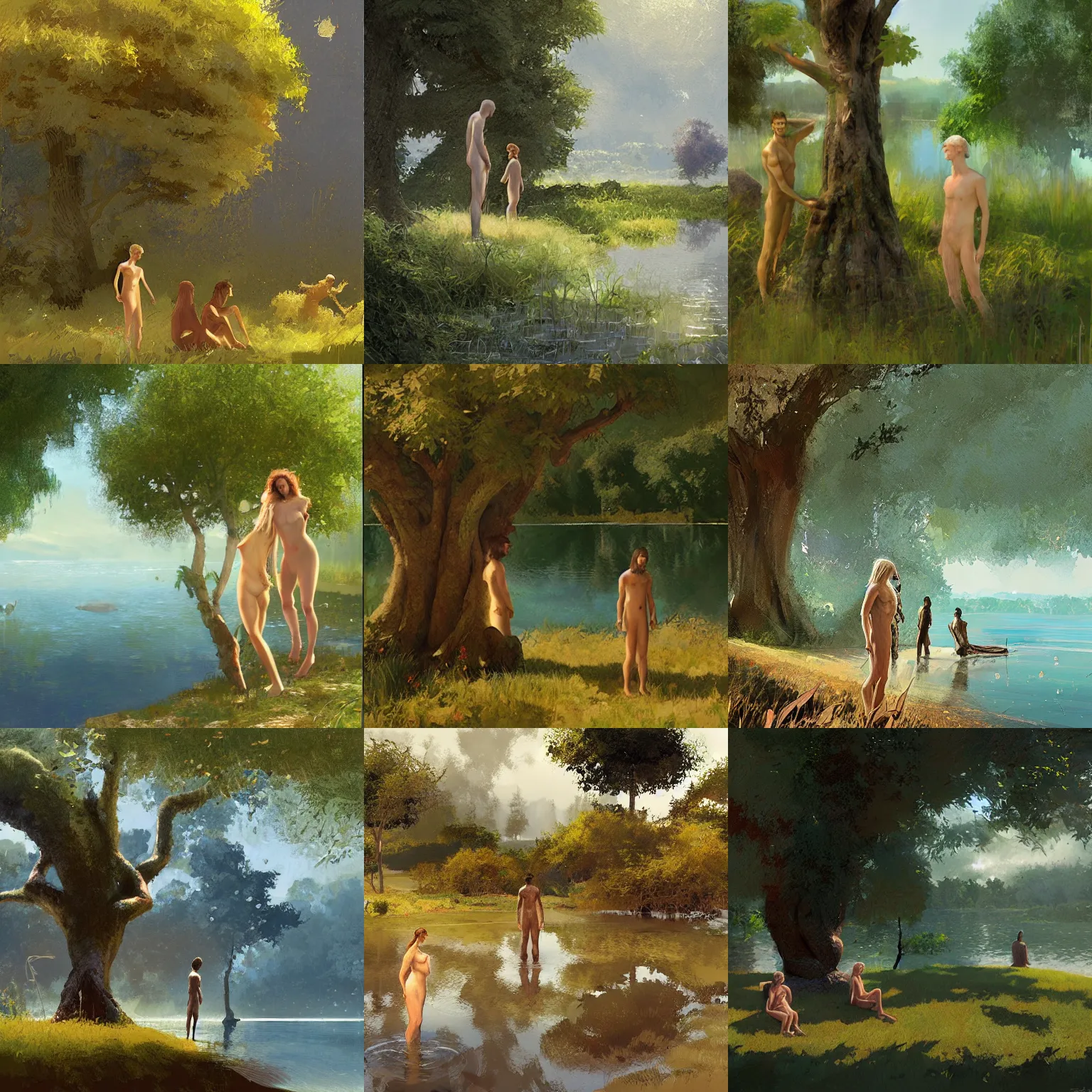 Image similar to adam and eve next to a tree and a lake, digital painting by craig mullins, by mattias adolfsson,