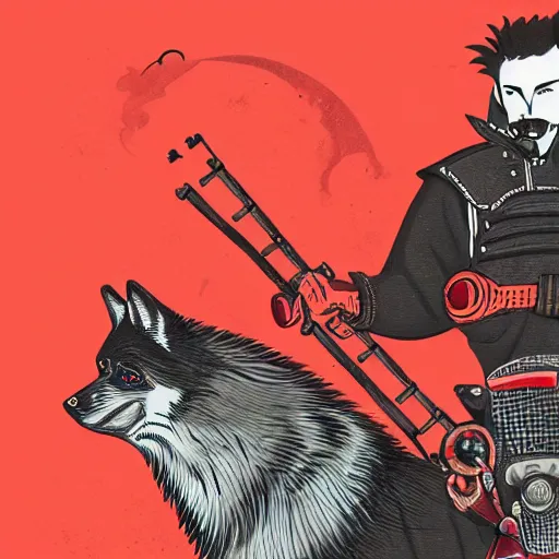 Image similar to An illustration of a mechanical punk motorcyclist carrying a samurai sword next to a black wolf on a red background, by matt griffin