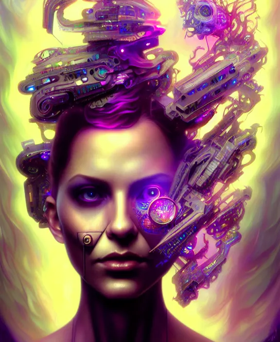 Image similar to a whirlwind of souls rushing inside the metaverse, hologram, half body, neurochip, shaved temple, piercing, jewelry, android, cyborg, cyberpunk face, by loish, d & d, fantasy, intricate, elegant, highly detailed, colorful, digital painting, artstation, concept art, art by artgerm and greg rutkowski and alphonse mucha