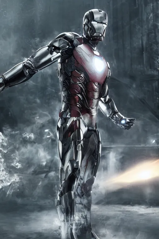 Image similar to ryan reynolds in a silver and black nano technology iron man suit, cinematic, volumetric lighting, f 8 aperture, cinematic eastman 5 3 8 4 film, photorealistic