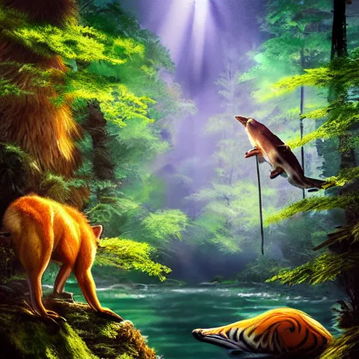 Image similar to animal life in the forest, river stream, predators and prey, vivid colors, realistic photo, environmental lighting, award - winning masterpiece photograph, cinematic view, studio ghibli, artgerm, high detail