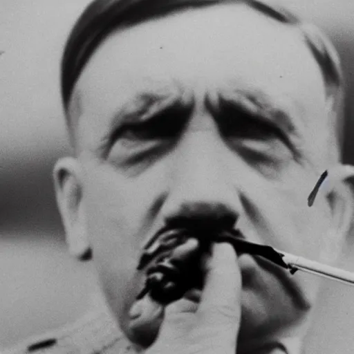 Prompt: a photo of Hitler smoking a fat joint, close up photography, photorealism