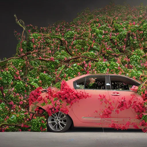 Prompt: a car being destroyed by flower covered vines, heonhwa choe, photorealistic