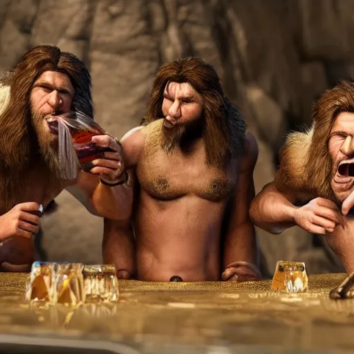 Image similar to cavemen in suites chugging alcohol in real life, intricate, highly detailed, detailed, hyper realistic, 4 k, 8 k uhd, realistic, great detail