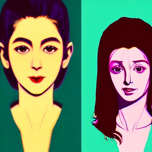 Image similar to tv actress with warm eyes, slim features, hallucinating happily. box office hit, nineties italian romcom. unreal engine, intricate, ultra detailed 8 k, ambient reflective occlusion, extremely beautiful and aesthetic shape of face, eyes, neck, and smile. art by hiroaki samura and ilya kuvshinov and monet and andy warhol, inverted