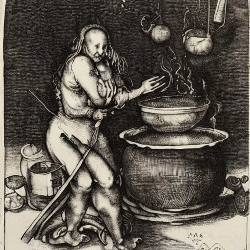 Image similar to a witch adding ingredients to her cauldron, engraving by albrecht durer