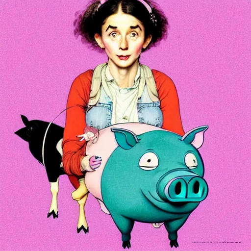 Image similar to portrait of a ( mindless american ) woman and her sidekick talking - pig enveloped in shimming iridescence, backpacking in pakistan about youth and depression, by norman rockwell, pixar, studio ghibli, toei, intricate line work, beautiful, complete light occlusion, rim light, pop - out, collage, trending on pinterest, artstation 8 k