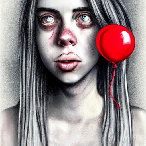 Prompt: surrealism grunge cartoon portrait sketch of billie eilish with a wide smile and a red balloon by - michael karcz, loony toons style, minecraft style, horror theme, detailed, elegant, intricate