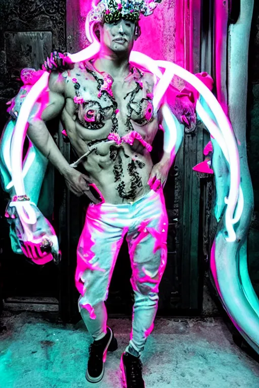 Prompt: full-body rococo and cyberpunk style neon statue of a muscular attractive Camilo wearing cholo shades macho dotado e rico android sim roupa reclining con las piernas abertas e la piroca dura, ethereal white dripping tar, glowing white lasers, pink tigers, glowing eyes, silver prince crown, black gears, pink diamonds, swirling mint-colored silk fabric. futuristic elements. full-length view. human skulls. large intricate artwork by caravaggio. Trending on artstation, octane render, cinematic lighting from the right, hyper realism, octane render, 8k, depth of field, 3D