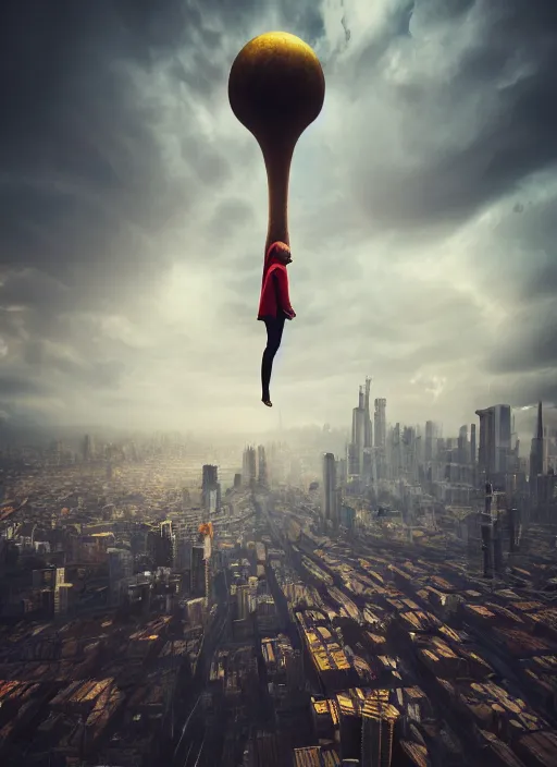 Image similar to megalophobia realistic photo of a hyper - dimensional head floating above a city, stylistic painting, dramatic lighting, dynamic composition, octane render, 4 k, 8 k