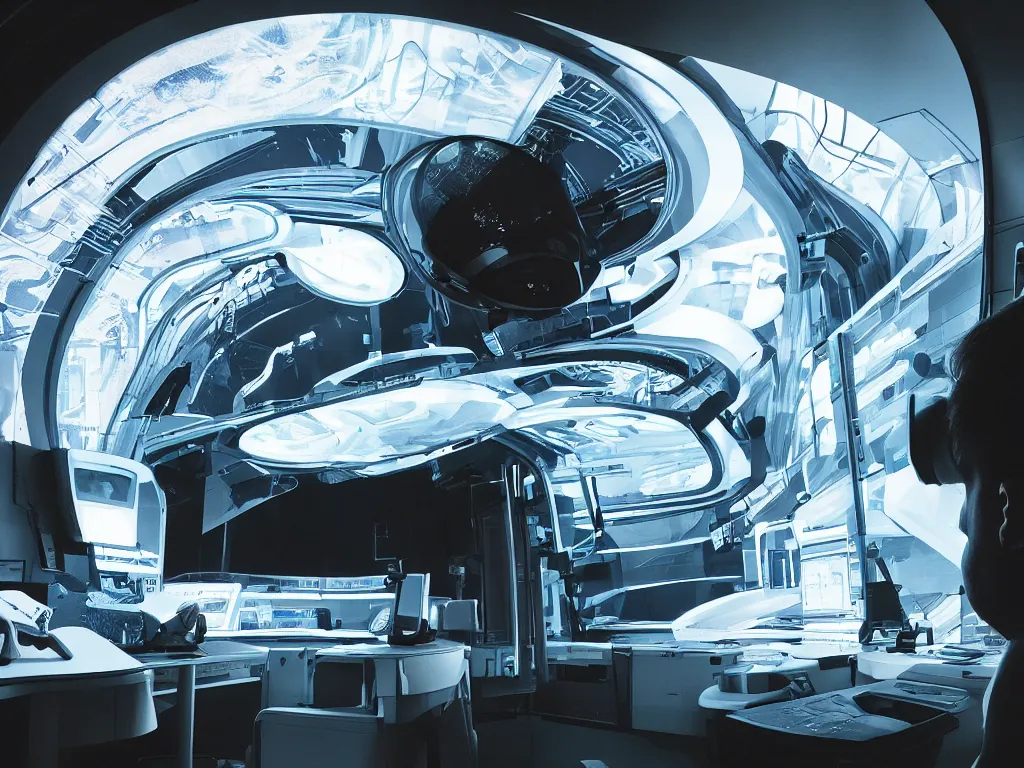 Image similar to visor with curved translucent screens projecting detailed sci - fi art ( 2 0 4 2 ), pixel perfect photograph, high contrast, volumetric lighting, thin glowing lights, chair, users, pair of keys