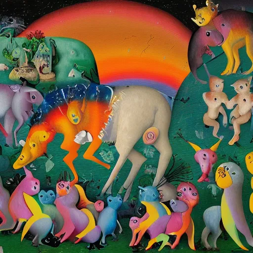 Image similar to a masterpiece collaborative painting by bosch and lisa frank