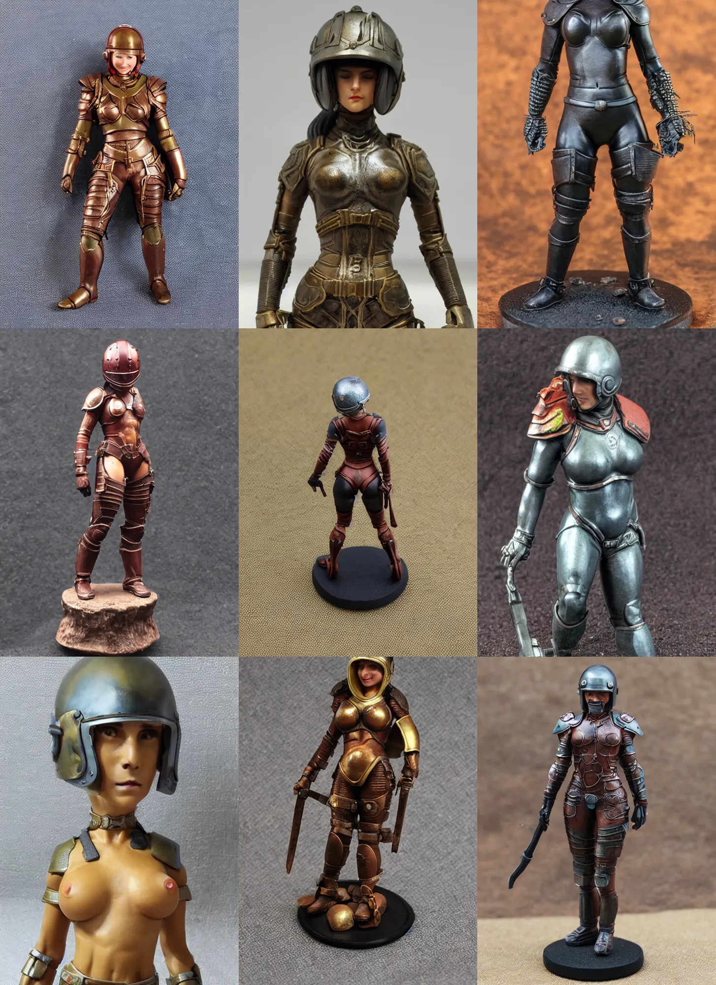 Prompt: 80mm resin detailed miniature of a helmeted muscular woman in full-face iron helmet, stomach, navel, boots, Logo, on textured disc base; Product Introduction Photos, 4K, Full body, view from front