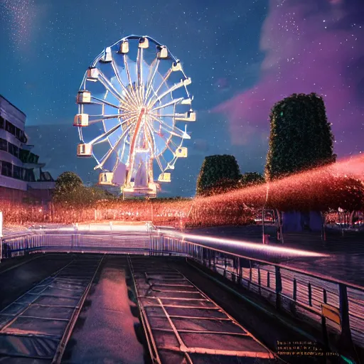 Prompt: one ferris wheel at night, hyperrealistic, concept art, octane render, unreal engine 5, trending on artstation, high quality, highly detailed, 8 k hdr, soft lighting, path traced, starry background, bloom, high coherence, symmetrical, high contrast, digital art, serene landscape, cinematic