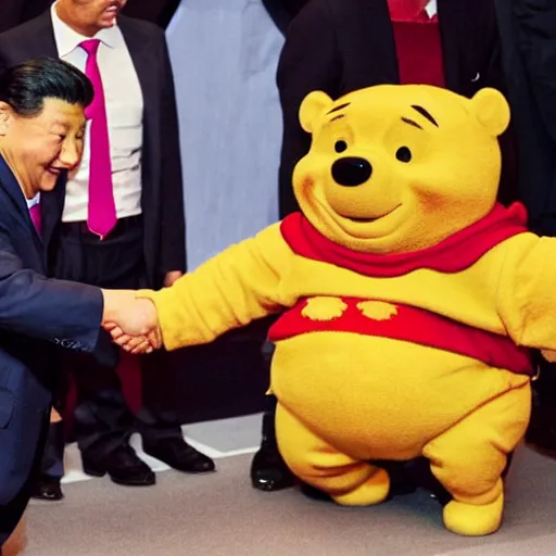 Image similar to winnie the pooh and xi jinping shaking hands in front of press