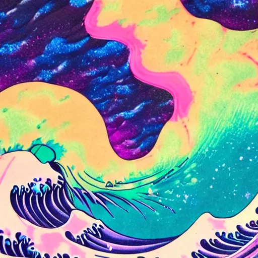 Prompt: paint pour, marbling, very detailed, 8k 4k, cosmic nebula, alien worlds, sherbert sky, glowing rainbow neon ink, deep color hokusai the great wave synthwave style