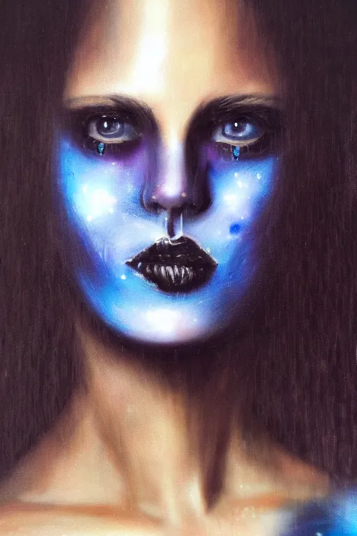 Image similar to hyperrealism oil painting, close - up portrait of punk gothic medieval brunette fashion model, knight, steel gradient mixed with nebula sky, in style of baroque