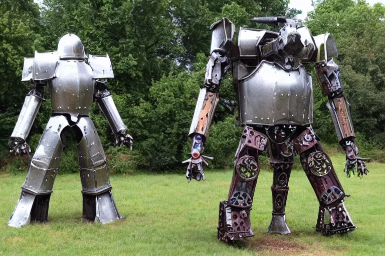 Image similar to a giant mech made out of medieval knights armor and parts standing in an old english village