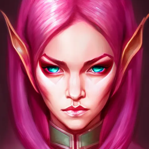 Prompt: half elf woman, dungeons and dragons, beautiful, short pink hair, deep crimson eyes, digital art, smooth, character drawing, focused portrait, artstation, highly detailed, symmetry