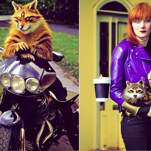 Image similar to a photo by arbus of a slender beautiful woman with straight ginger hair and bangs, wearing purple leathers and gold helmet, posing with large ginger tabby and raccoon on a motorcycle in her front yard, holding coffee mug and toasted brioche bun, fashion photography, dramatic lighting, 8 5 mm lens