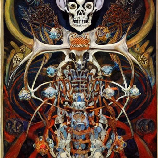 Image similar to the crown of madness and bones, by Annie Swynnerton and Nicholas Roerich and Diego Rivera, bioluminescent skin, elaborate costume, geometric ornament, symbolist, cool colors, smooth, sharp focus, extremely detailed