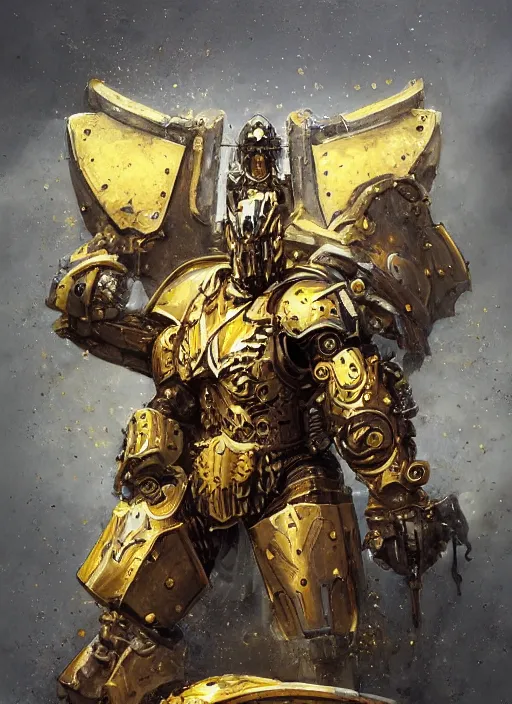 Prompt: dynamic portrait of a intricate glorious holy mechanical warforged character in yellow armor holding a paladin engraved great longsword and carrying a big paladin shield, spotlight from face , epic , trending on ArtStation, masterpiece, cinematic lighting, by Jesper Ejsing and by Yoann Lossel and by John Salminen and by Jackson Pollock and by Marc Simonetti