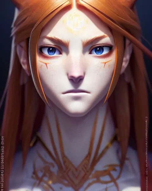 Image similar to azctec warrior, katherine mcnamara, detailed perfect face, exquisite details, fire magic, mid view, design on a white background, by studio muti, greg rutkowski makoto shinkai takashi takeuchi studio ghibli