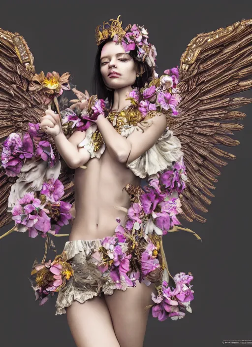 Image similar to full body environmental portrait photo of a female model as angel, ornate headpiece made from flowers, ornaments, glamour shot by gemmy woud - binnendijk, chris knight, photorealistic, canon r 3, fashion photography, ornate, symmetrical features, octane render, unreal engine, solid dark background, clamp shell lighting, rim lighting