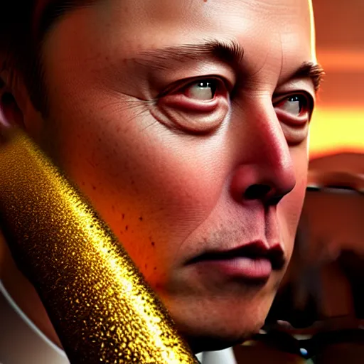 Image similar to elon musk with very long golden tusks growing out of his cheeks 8 k ultra realistic, award winning, unreal engine 5, masterpiece, atmosphere glow, hyperrealistic, focused, extreme details, cinematic