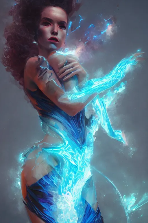 Image similar to torso closeup model wearing exploding lava dress, sorcerer, diamonds, angel, fantasy, dramatic lighting, highly detailed, digital painting, holding electricity, magic the gathering, hyper detailed, 3 d render, hyper realistic detailed portrait, peter mohrbacher, wlop, ruan jia