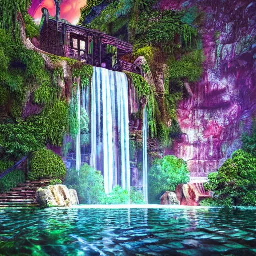 Prompt: a old Marble palace with plants and waterfalls,retrowave art,digital art