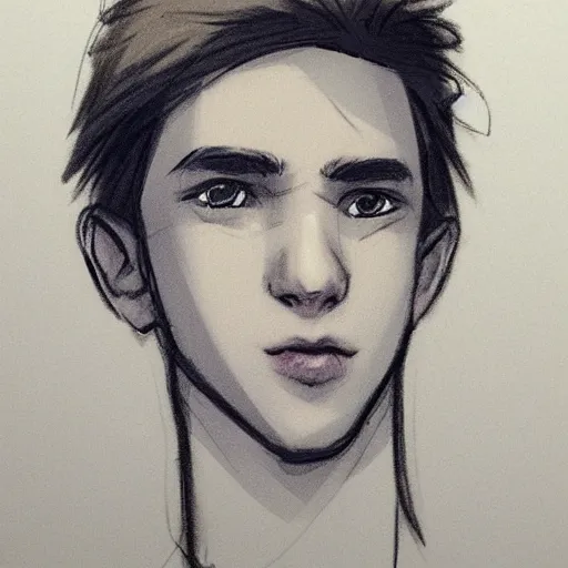 Image similar to sketch of a teenage boy with very short side part hair smiling trending on artstation