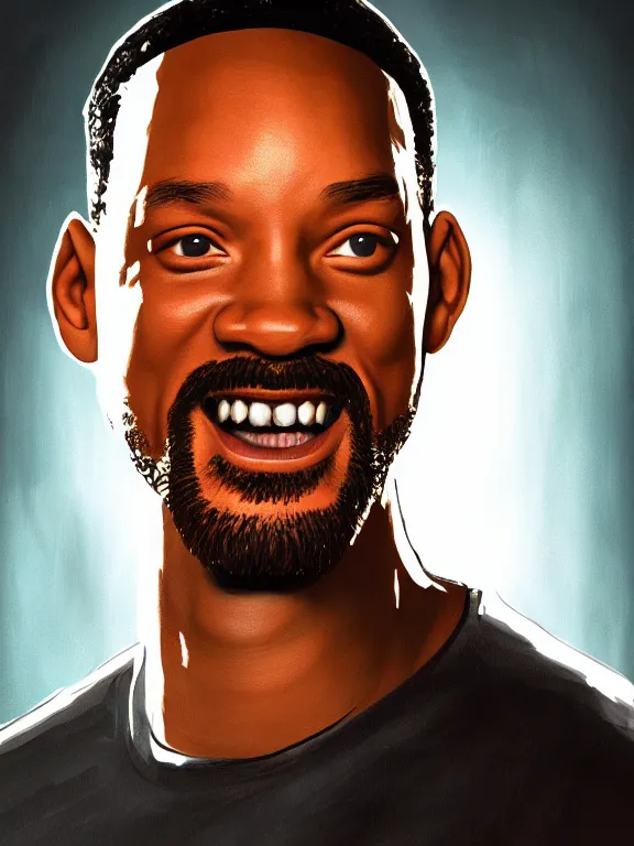 Image similar to portrait art of Will Smith with a suitcase with his face on it 8k ultra realistic , lens flare, atmosphere, glow, detailed, intricate, full of colour, cinematic lighting, trending on artstation, 4k, hyperrealistic, focused, extreme details, unreal engine 5, cinematic, masterpiece