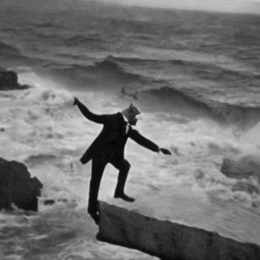 Prompt: anthro fox man in suit about to fall off cliff into scary stormy ocean, far shot, 1920s film