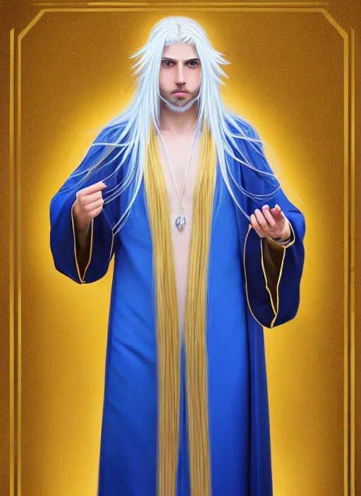 Image similar to card art portrait of a young man wizard with long white hair wearing blue and golden robes, long white hair, blue and golden robes, detailed robes, intrincated design, makoto shinkai, very detailed, matte, tonemapping, bbwchan, perfection, 4 k, william - adolphe bouguereau