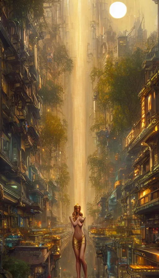 Image similar to golden goddess cutting a hyper realistic cyberpunk city in half with magic, crowded market street overtaken by lush plants, kittens, full moon, light rays, gnarly trees by tom bagshaw, mucha, gaston bussiere, craig mullins, j. c. leyendecker 8 k