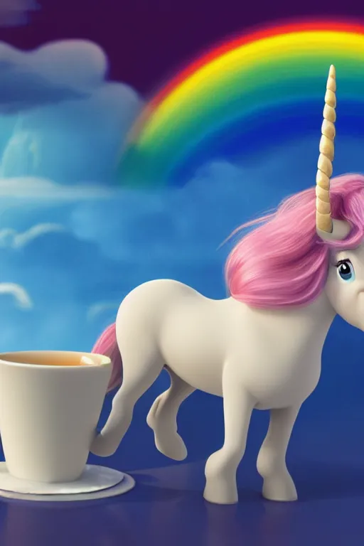 Prompt: portrait of a unicorn and small white teacup on the cloud with rainbow in background, full body. pixar disney 4 k 3 d render funny animation movie oscar winning trending on artstation and behance, ratatouille style