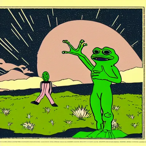 Image similar to ufo abducting pepe the frog in pasture. 1 0 0 0 mm, precisionist, minimalist, studio lighting. commercial quality. sci fi grunge, parts by patrick nagel, parts by virgil finlay