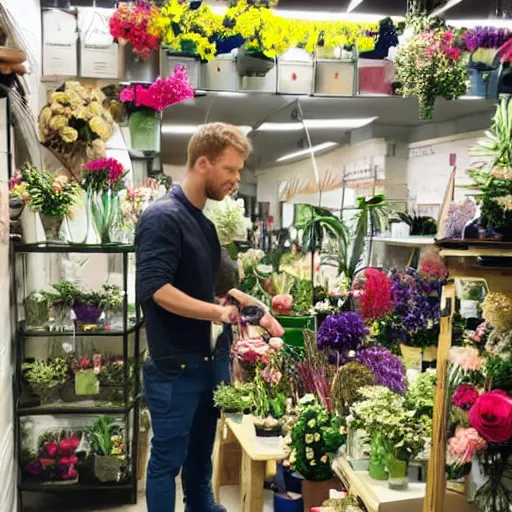 Image similar to photo of thor working in a flower shop