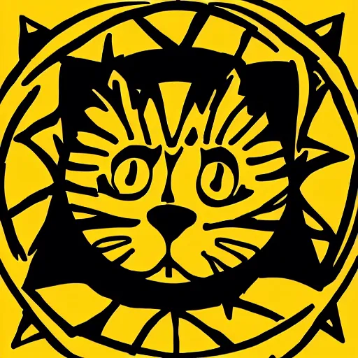 Image similar to tattoo sketch of a cat hugging the sun, on a yellow paper, african ornament, minimalism, vector