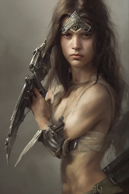 Image similar to a photorealistic painting of an attractive young girl, partially clothed in battle armor, olive skin, long dark hair, beautiful bone structure, symmetrical face, perfect eyes, intricate, elegant, digital painting, concept art, illustration, sharp focus, minimal artifacts, from Metal Gear, in the style of Ruan Jia and Mandy Jurgens, by Greg Rutkowski, trending on Artstation, award winning