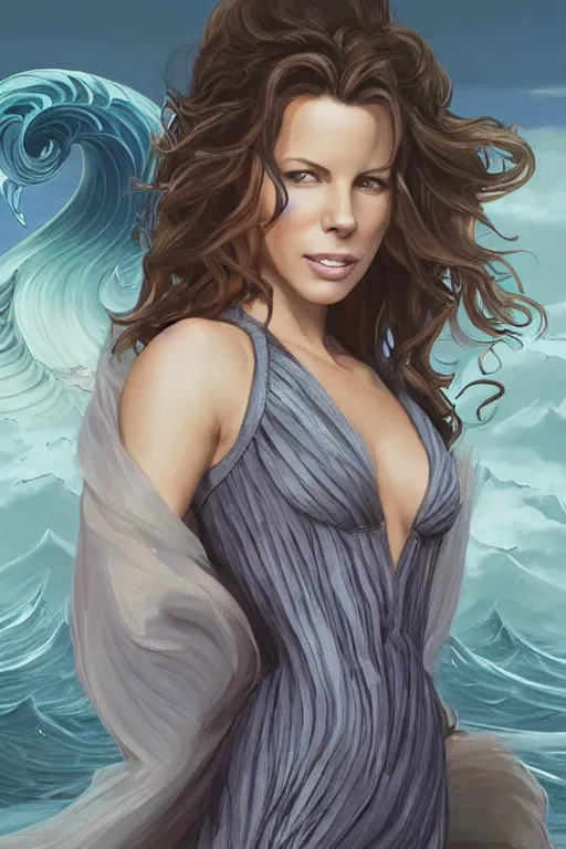 Prompt: kate beckinsdale as a heroine with a dress inspired by the great wave off kanagawa, digital painting, artstation, concept art, smooth, sharp focus, illustration, art by artgerm and donato giancola and Joseph Christian Leyendecker, Ross Tran, WLOP